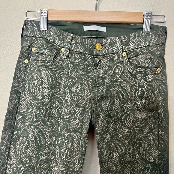 7 For All Mankind Green Lace Print Shimmer Skinny Jeans Size 25 - Picture 3 of 5